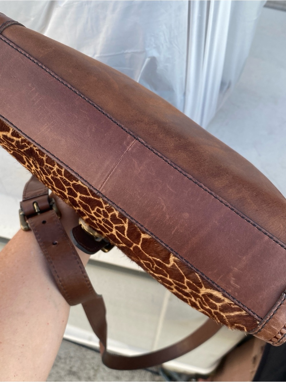 FOSSIL vintage revival reissue brown leather calfhair giraffe satchel bag purse - Picture 11 of 16